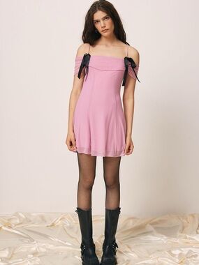 Kimchi Blue Pink Off-Shoulder Mini Dress with Black Ribbon Bows